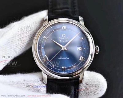 Perfect Replica Omega De Ville Blue Roman Dial Stainless Steel Smooth Bezel 39.5mm Watch 